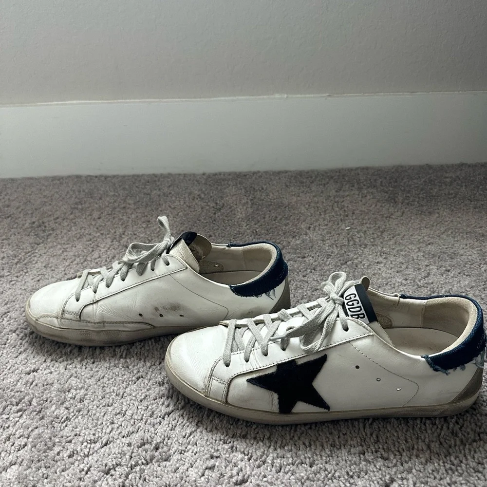 Golden Goose Men’s Super Star Leather Low Top White/Navy Blue/Gray 41 EU/ 8 US - Picture 5 of 7
